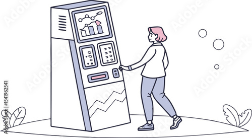 Woman interacting with a large machine displaying graphs and buttons in a stylized illustration