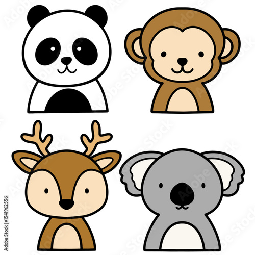cute animalsCute Cartoon Animal Vector Set Featuring Panda, Monkey, Deer, and Koala with Simple Adorable Style