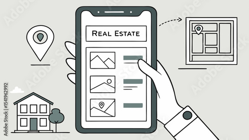 Hand holding smartphone displaying real estate listings with map and house location details shown around