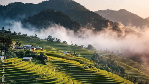 Misty Mountains and Lush Green Rice Terraces Landscape