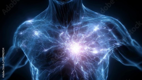 Blue luminous energy emanating from human chest region, revealing internal vitality and potential diagnostic visualization of biological processes