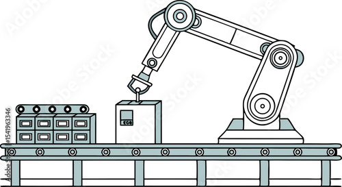 Robotic arm assembling boxes on a conveyor belt in a factory setting with automated production line shown