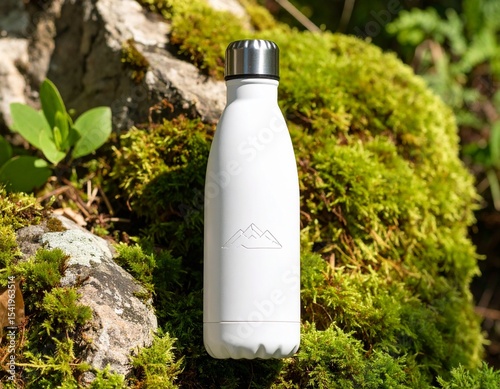 White metal reusable water bottle with engraved mountain illustration, placed on moss 