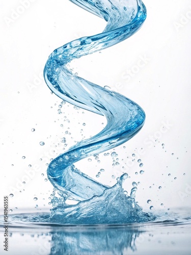 Twisting spiral water splash in mid-air
Dynamic spiral of blue water caught in motion, twisting upwards with droplets suspended in air against a clean white background.
