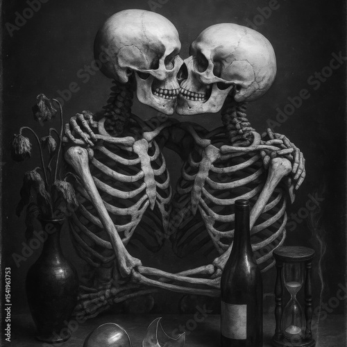 Two skeletons kissing in a tender embrace, a dark gothic still life with wilted flowers and an hourglass symbolizing eternal love and mortality. Black and white.