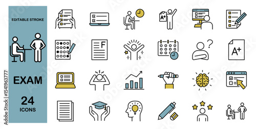 Exam line icon set – Includes test, study, education, student, learning and school. Editable stroke. Colored vector illustration.