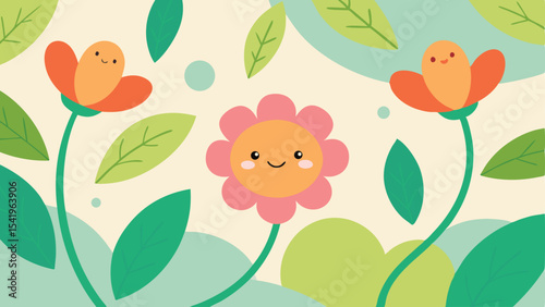 Cute cartoon flowers with smiling faces and leaves on a transparent background