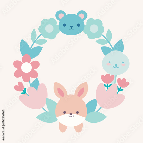 Cute floral wreath design featuring adorable bunny and bear cartoon characters