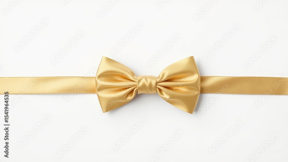 Fototapeta premium Shiny golden ribbon bow, symmetrical and elegantly placed on a clean, pure white background, ideal for festive occasions