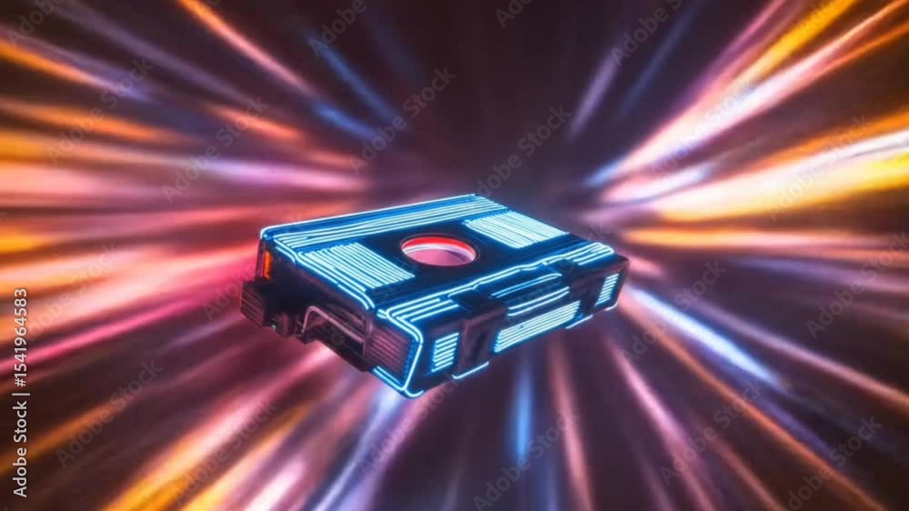 Futuristic sci-fi neon crate floating in hyperspace tunnel seamless looping 4k time-lapse animation video background