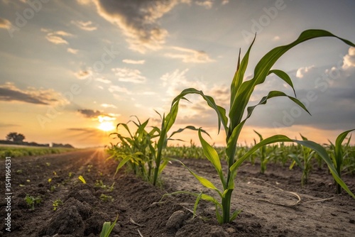 Young corn plants growing in sunset farmland
Rows of young corn plants sprouting in fertile soil at sunset, symbolizing growth, agriculture, and sustainable farming practices.

