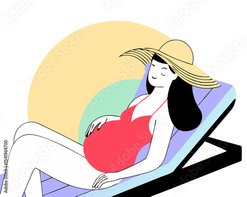 Pregnant Woman in Swimsuit on Sun Lounger - Maternity Beach Vector Illustration