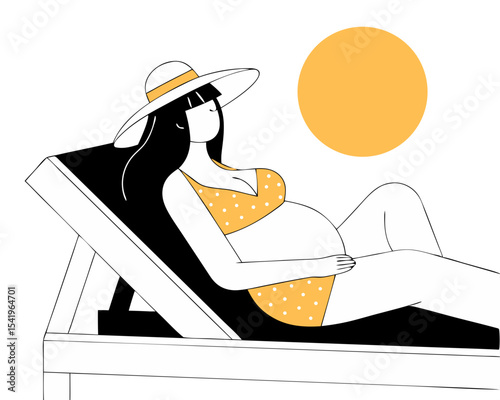 Pregnant Woman in Swimsuit on Sun Lounger - Maternity Beach Vector Illustration