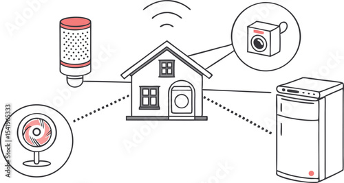 Illustration of a smart home setup with connected devices and wireless connectivity shown above the house