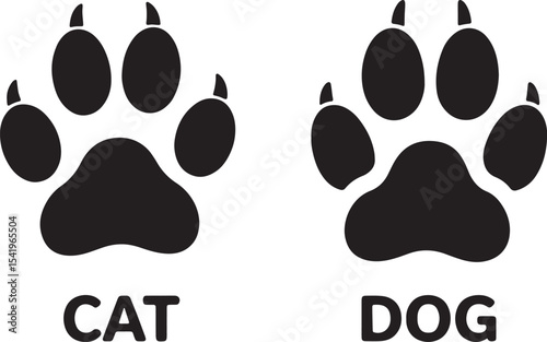 Black Silhouette Cat Paw Print and Dog Paw Print Comparison Graphic Illustration Showing Differences in Shape and Number of Toes Simple Design