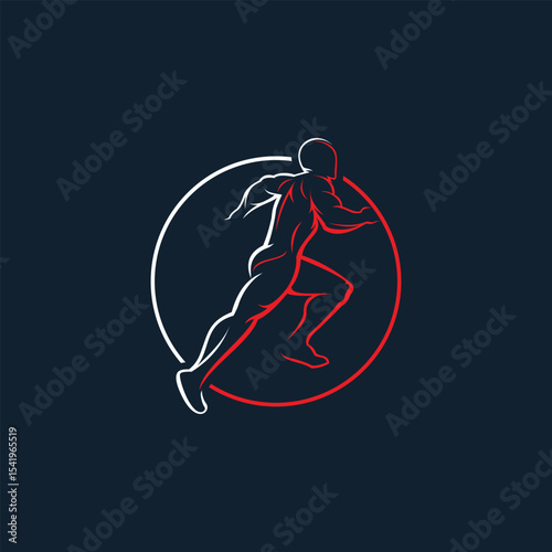Running Man silhouette Logo with Finish ribbon, Marathon logo template