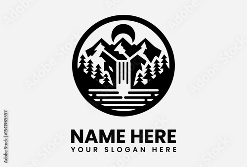 Circular logo design featuring mountains, a waterfall, trees, and a sun or moon.