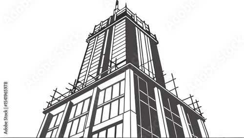 Low angle view of a tall building with scaffolding and windows in black and white illustration style