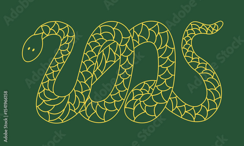 Green wood snake silhouette in form of 2025 with golden transparent ornament. Chinese New Year animal symbol.