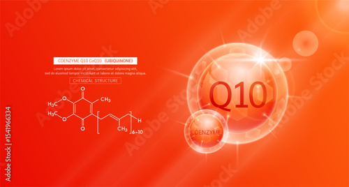 Coenzyme Q10 red or Ubiquinone and chemical structure. Vitamins complex serum. For design skin care products beauty treatment. Medical scientific concepts. Vector EPS10.