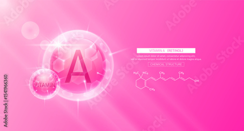 Vitamin A pink or Retinol and chemical structure. Vitamins complex serum. For design skin care products beauty treatment. Medical scientific concepts. Vector EPS10.