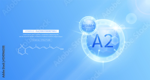 Vitamin A2 blue and chemical structure. Vitamins complex serum. For design skin care products beauty treatment. Medical scientific concepts. Vector EPS10.