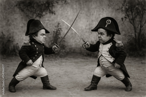 Two men with dwarfism costumed as Napoleon Bonaparte sword fighting. Humorous, vintage black and white theatrical scene.