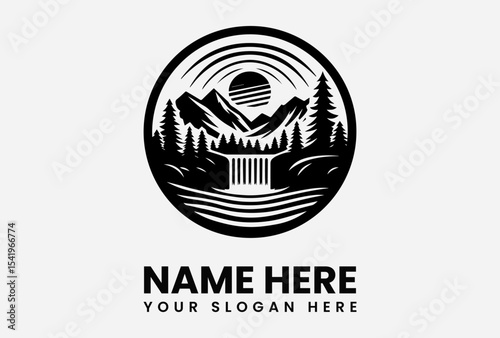 Monochromatic mountain landscape logo featuring a waterfall, trees, and sun, encircled in a circular design.