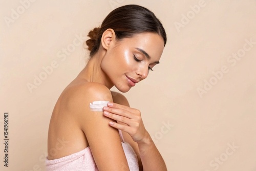 Woman applying body lotion to smooth skin
Young woman in towel gently applying moisturizing body cream to her shoulder, showcasing smooth, radiant skin and self-care routine.
