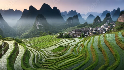 Misty Mountains and Lush Green Rice Terraces Landscape