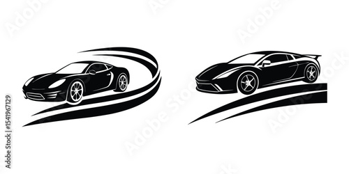 Powerful Sports Car Low Angle View Zooming Through Curves Silhouette on White Background