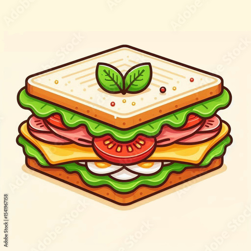 A cartoon sandwich featuring lettuce ham cheese tomato and an egg layer topped with greenery