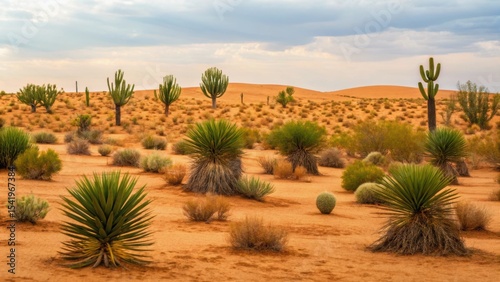 Vast desert landscape featuring various cacti and vegetation under a cloudy sky, highlighting arid beauty and natural textures.