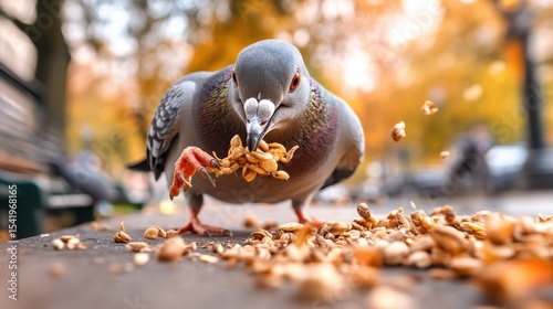 A close-up image of a pigeon feeding on seeds on a city sidewalk, capturing the essence of urban wildlife and the coexistence of nature within metropolitan areas.