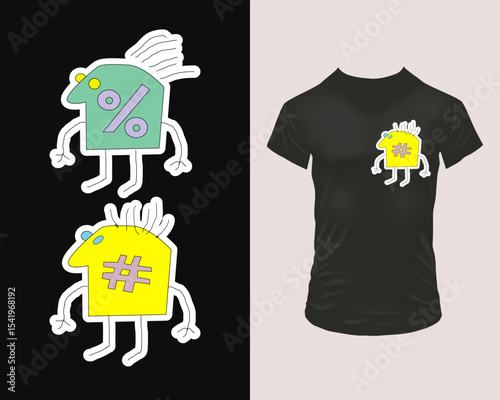 Two playful 90s retro doodle characters—a mint-green percent and a bright-yellow hashtag—with white outline in minimalist stick style. Bold print for black apparel, books, journals.