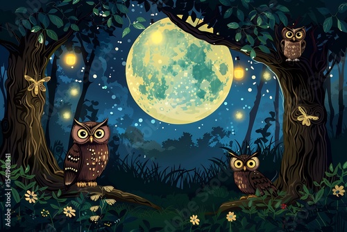 Nocturnal Forest Scene Owls and Fireflies