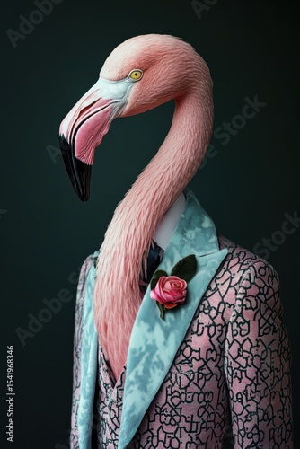 Elegant pink flamingo dressed as a stylish gentleman in a whimsical illustration showcasing fashion and charm