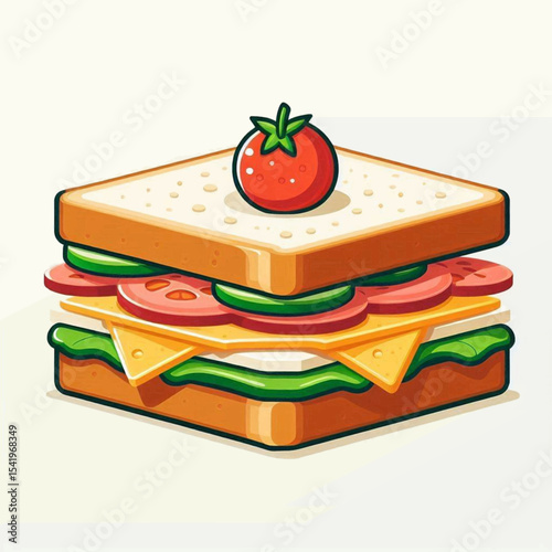 A cartoon sandwich with cheese tomatoes cucumber lettuce and a tomato on top