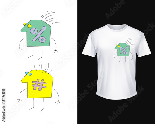 Two playful 90s retro doodle characters—a mint-green percent and a bright-yellow hashtag—in minimalist stick style without bold outline. Clean print for white apparel, notebooks, posters and merch.
