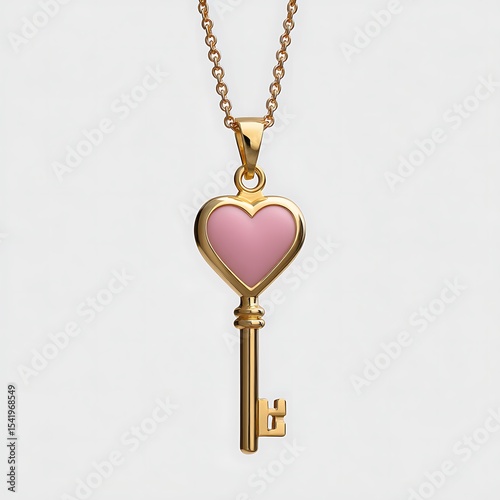 Gold heart key pendant necklace isolated on white background
