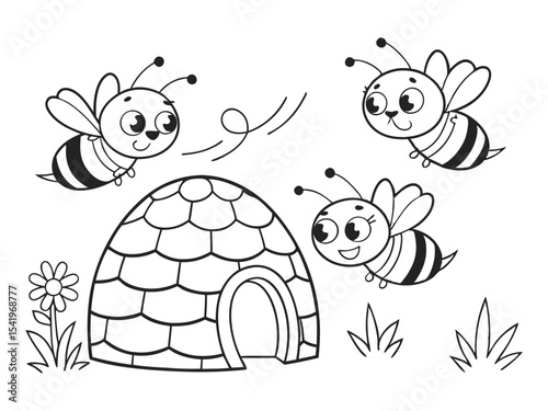 Cute cartoon bees fly around the beehive. Black and white vector illustration for coloring book