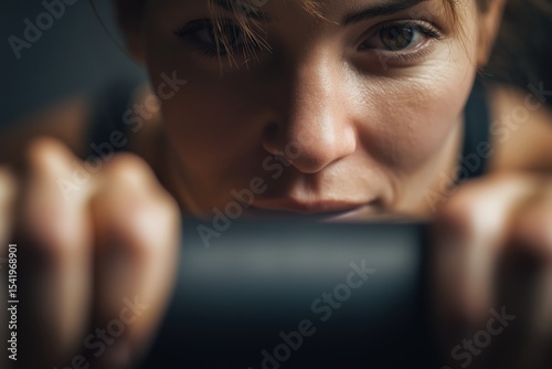 Close-up of a focused woman gripping a bar, highlighting determination and strength during exercise.