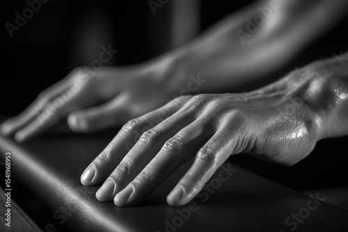 Close-up black-and-white photo of two hands resting on a smooth surface, emphasizing skin texture and detail.