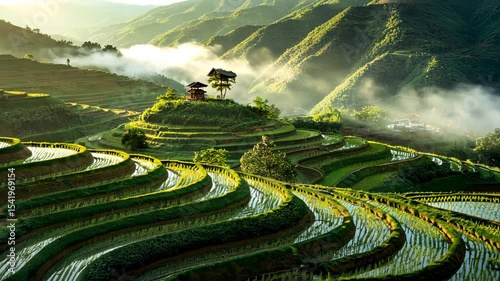 Misty Mountains and Lush Green Rice Terraces Landscape