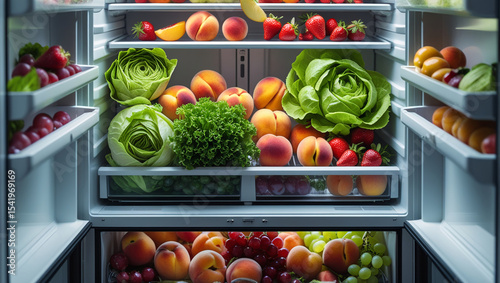 Outdoor refrigerator filled with fresh summer produce, healthy choices