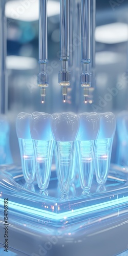 Close-up of robotic arms performing precise dental work on teeth models under bright, clinical lighting.