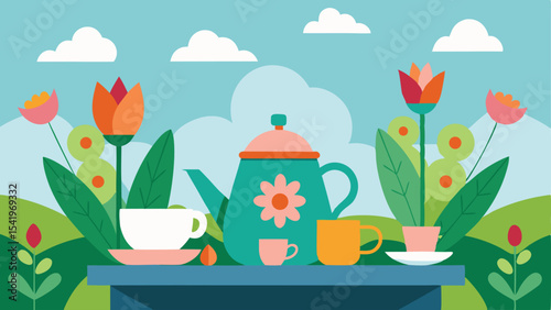 Decorative floral tea party illustration with teapot cups and flowers in a colorful scene
