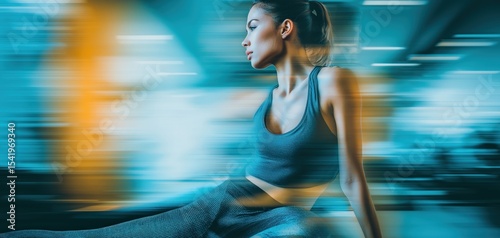 A fit woman in athletic wear sits thoughtfully in a blurred, dynamic urban setting, embodying strength and focus.