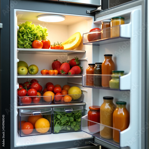 Outdoor refrigerator filled with fresh summer produce, healthy choices
