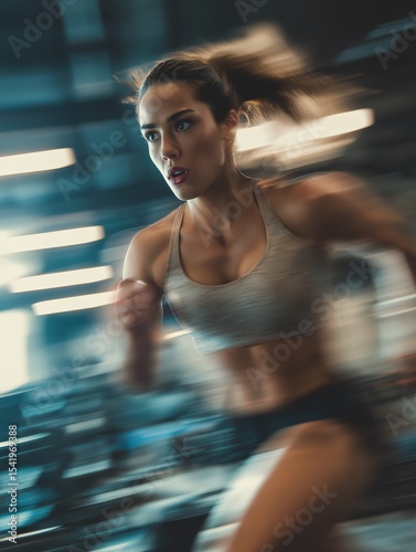 A focused woman running indoors, captured with motion blur showing intensity and speed during a workout session.